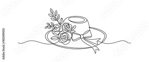 Elegant continuous line drawing of a wide-brimmed hat adorned with roses and a ribbon bow