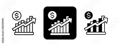 Market Growth  Solid color and black line drawing vector illustration set