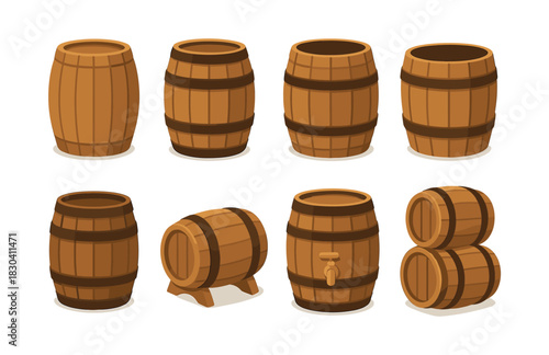 Wooden barrel collection. Wooden barrel flat vector illustration