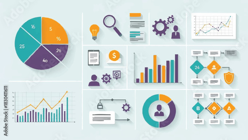 Collection of various colorful business infographic elements and charts on a light blue background with a flat lay composition.