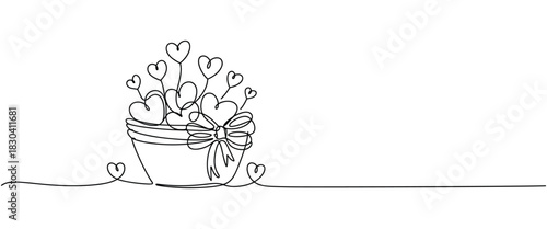 Single Line Art of a Pot Filled with Heart- Shaped Balloons and a Bow planter container