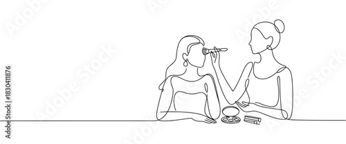Two Women Applying Makeup with Brush and Compact Line Art makeup brush
