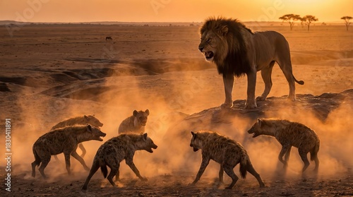 Lion and Hyena Standoff: A majestic lion stands defiant, facing off against a circling pack of hyenas in the African savanna at dawn, creating a powerful tableau of predator rivalry.