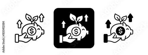 Piggy Bank  Solid color and black line drawing vector illustration set