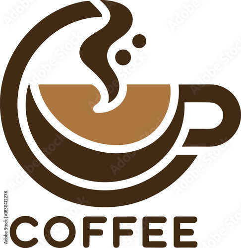 Coffee logo design, stylized cup vector, steam swirl graphic, café branding, hot drink icon, espresso symbol, minimalist illustration, beverage art, warm mug, coffee typography