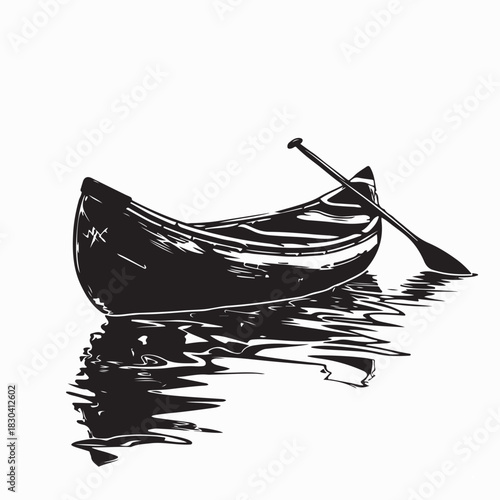 Classic Wooden Canoe with Paddle Silhouette Vector on white background