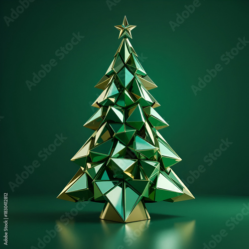 Geometric Green Christmas Tree with Metallic Accents on Dark Background
