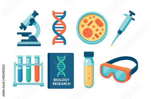 Laboratory tools and bacteria, microscope and test tubes, flat vector illustration