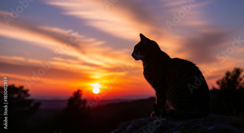 Cat Silhouette Watching Golden Sunset Sky