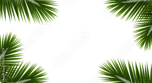 Four lush green palm leaves framing a black space on transparent background.
