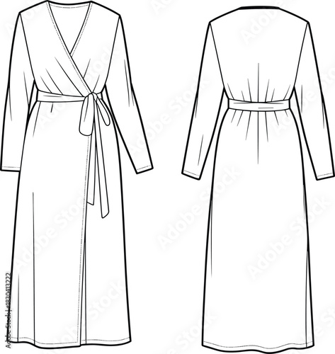 Elegant long sleeve wrap dress technical flat sketch, detailed fashion CAD drawing with belt tie, minimalist clothing design template illustration