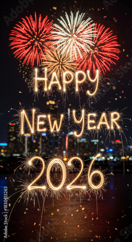 Happy New Year 2026 Sparkler Text and City Fireworks