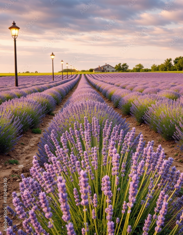 Fototapeta premium Lavender field rows form purple waves under sunset light, with leading lines