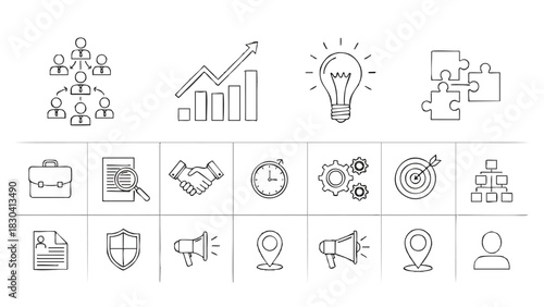A flat lay of various business and productivity icons arranged in a grid on a clean white background with a professional and organized mood.