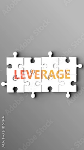 Leverage being a complex topic - puzzle pieces with word leverage coming together to make a whole. Leverage made of many fitting parts, a compound subject.