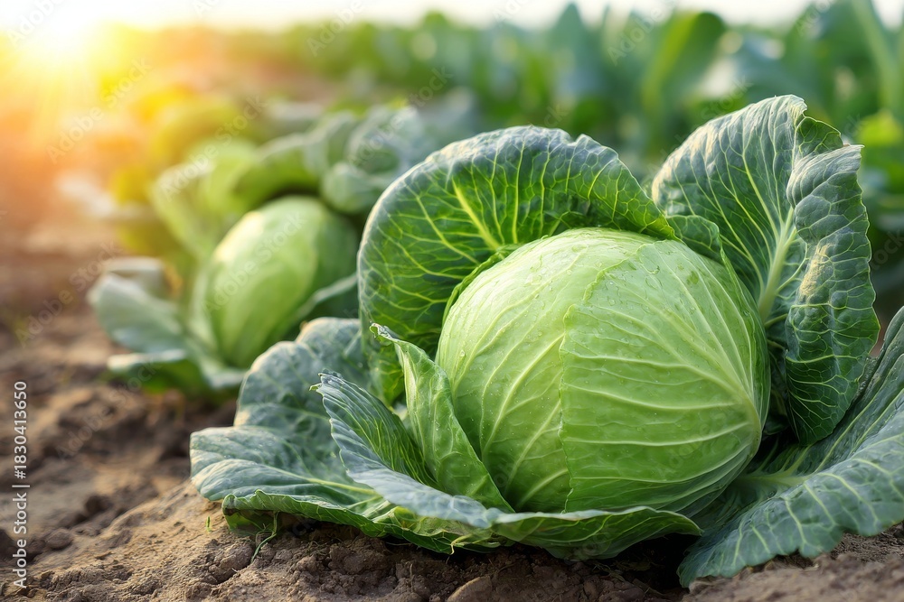 Fototapeta premium On a farm, the early morning hours bring sunlight to freshly growing green cabbage plants