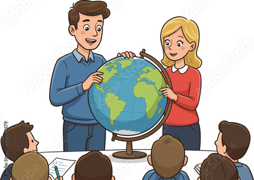 Classroom education, geography lesson, diverse students, globe teaching, teacher interaction, global awareness, school learning, teamwork, multicultural classroom, academic activity