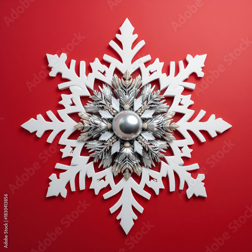 White Decorative Snowflake with Metallic Center on Red Festive Background
