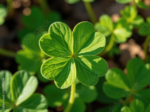 Close-up of green clover leaf in sunlight