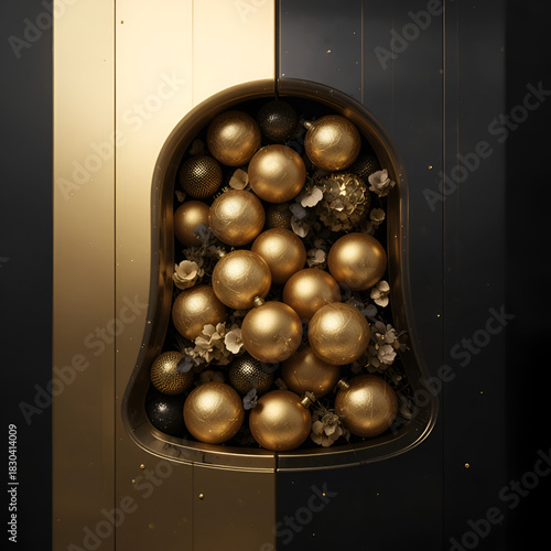 Elegant Gold Holiday Ornaments Arranged Inside Decorative Bell Shape