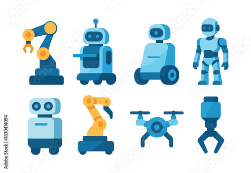 Robots and drones in flat vector illustration, technology, automation, robotics
