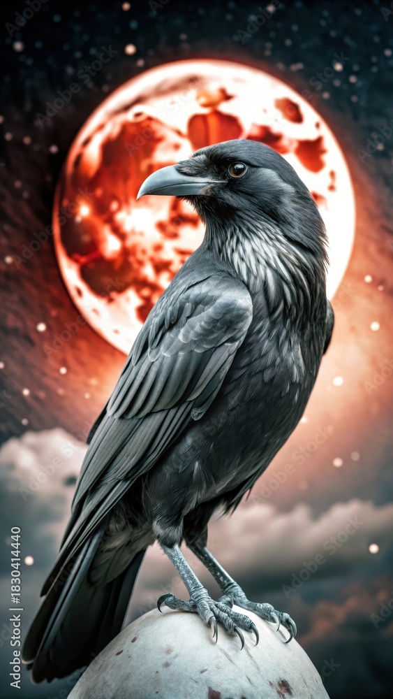 Naklejka premium A mysterious raven perches atop a dark, velvety night sky