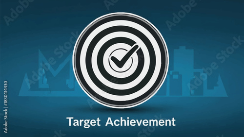 A graphic illustration of a target with a checkmark in the center, symbolizing target achievement, on a blue background with cityscape and graph silhouettes.
