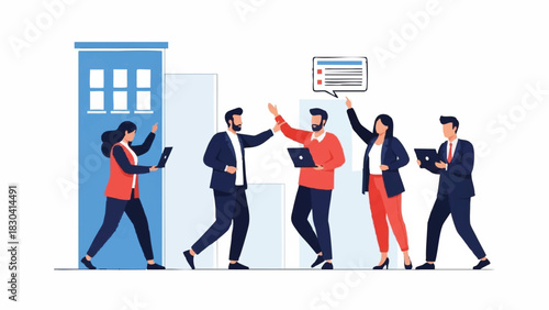 Illustration of business professionals walking and interacting in a modern office setting with laptops and a blue phone booth.