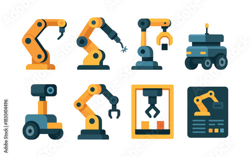 Industrial robotic arms, machinery, automation, flat vector illustration