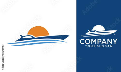 Modern super yacht vector logo design. Luxury yacht club logo line icon