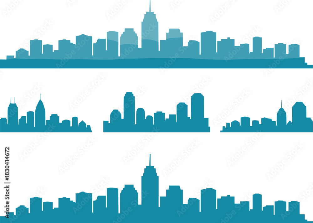 Naklejka premium City skyline silhouettes, teal urban buildings, minimalist architecture, modern cityscape, vector illustration