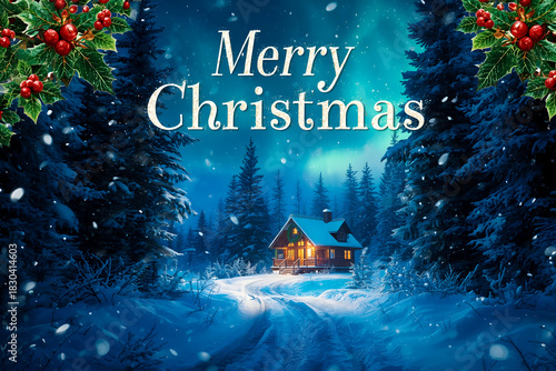 Cozy Cabin in Snowy Forest with Merry Christmas Text and Holly