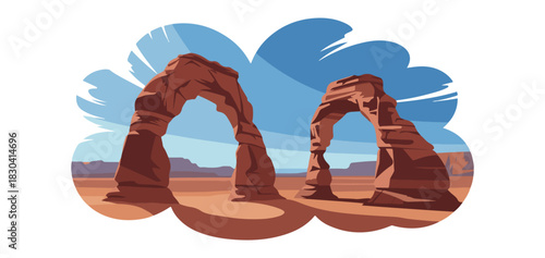 Desert Rock Arch Landscape Illustration, Scenic Canyon Nature Artwork Vector.