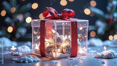 Transparent acrylic-style gift box, glowing lights inside,A futuristic transparent design with glowing lights, perfect for modern brand celebrations.