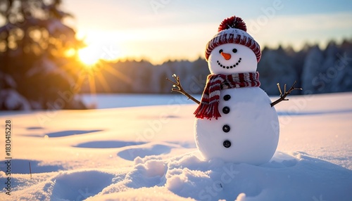 Cheerful snowman stands in a snowy landscape at sunset.