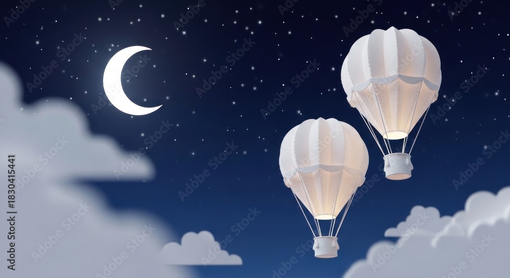 Obraz premium Two hot air balloons flying in the night sky with a crescent moon and stars.