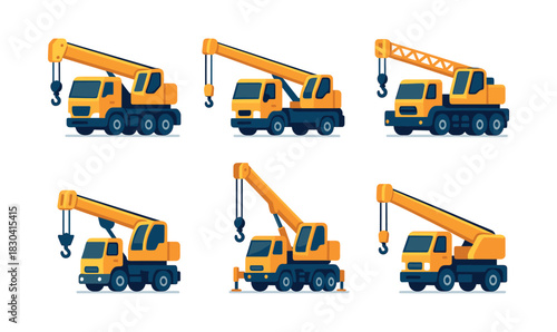 Crane truck collection, heavy equipment, construction vehicles, flat vector illustration