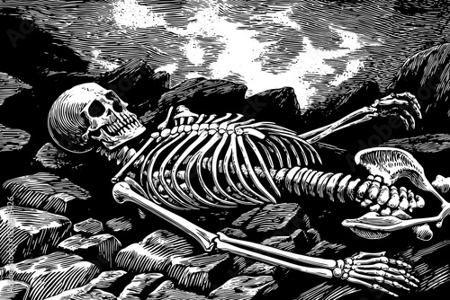 skeleton lies across rugged volcanic rocks with smoky air, black minerals, rough textures, and a dramatic overcast sky