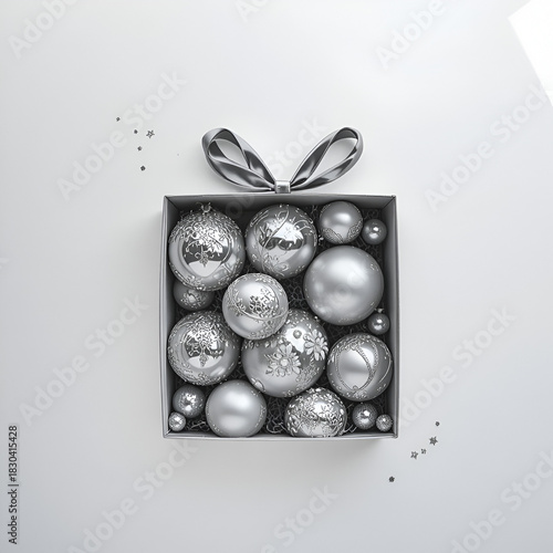 Silver Holiday Ornaments Arranged in Elegant Minimalist Gift Box