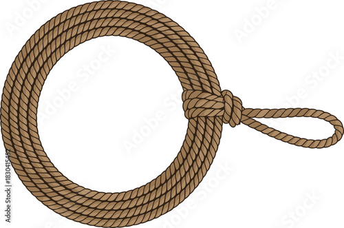 Coiled brown rope with loop knot, circular cord illustration, climbing or sailing equipment, strong fiber texture, practical knot tying design