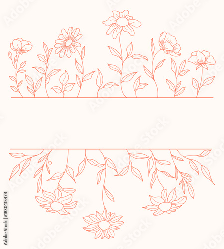 Decorative Floral Border Vector Design Images, Title Name Border flower Hand Draw Decoration, Name Border, leaf Hand Draw. flower frame with blue flowers. Hand drawn mono line floral background.