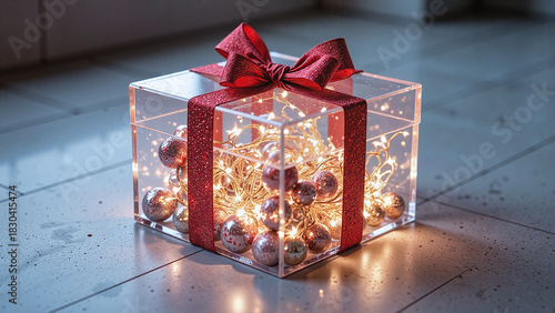 Transparent acrylic-style gift box, glowing lights inside,A futuristic transparent design with glowing lights, perfect for modern brand celebrations.