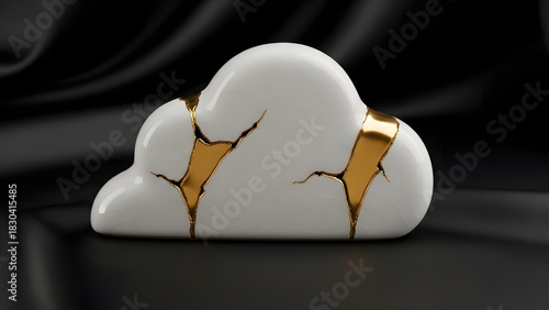 A conceptual 3D rendering of a white porcelain cloud repaired with gleaming gold, symbolizing resilience, healing, and the beauty of imperfection against a luxurious black satin backdrop