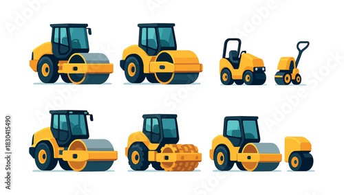 Construction vehicles, roller, compactor, flat vector illustration