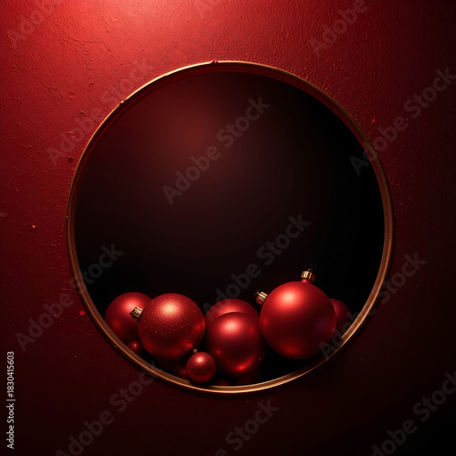 Red Christmas Ornaments Festive Baubles Displayed in Circular Frame on Dark Red Background