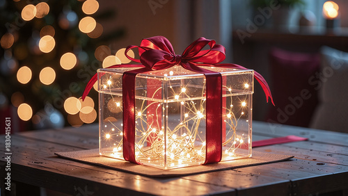 Transparent acrylic-style gift box, glowing lights inside,A futuristic transparent design with glowing lights, perfect for modern brand celebrations.