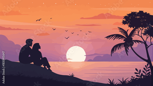 Romantic couple watching stunning sunset silhouette, enjoying the view, serene moment, vector origin
