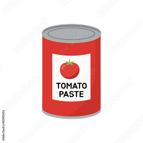 Flat vector illustration of a red metal can of tomato paste with a label.