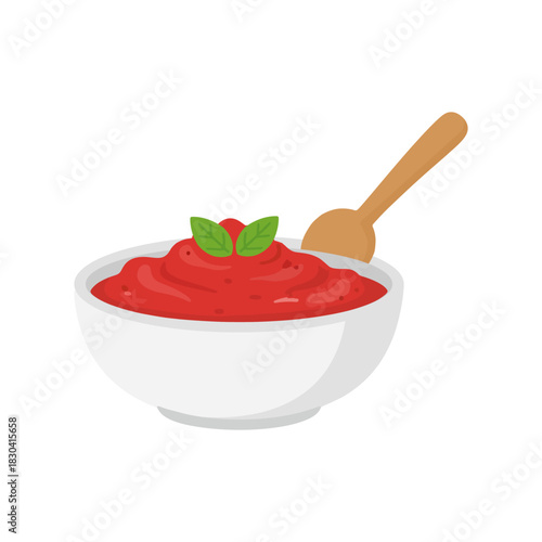 Flat vector illustration of a white bowl filled with red tomato soup or sauce.