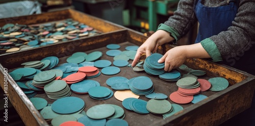 Hands are sorting an assortment of colorful plastic pieces within a clean industrial setting on a daytime schedule